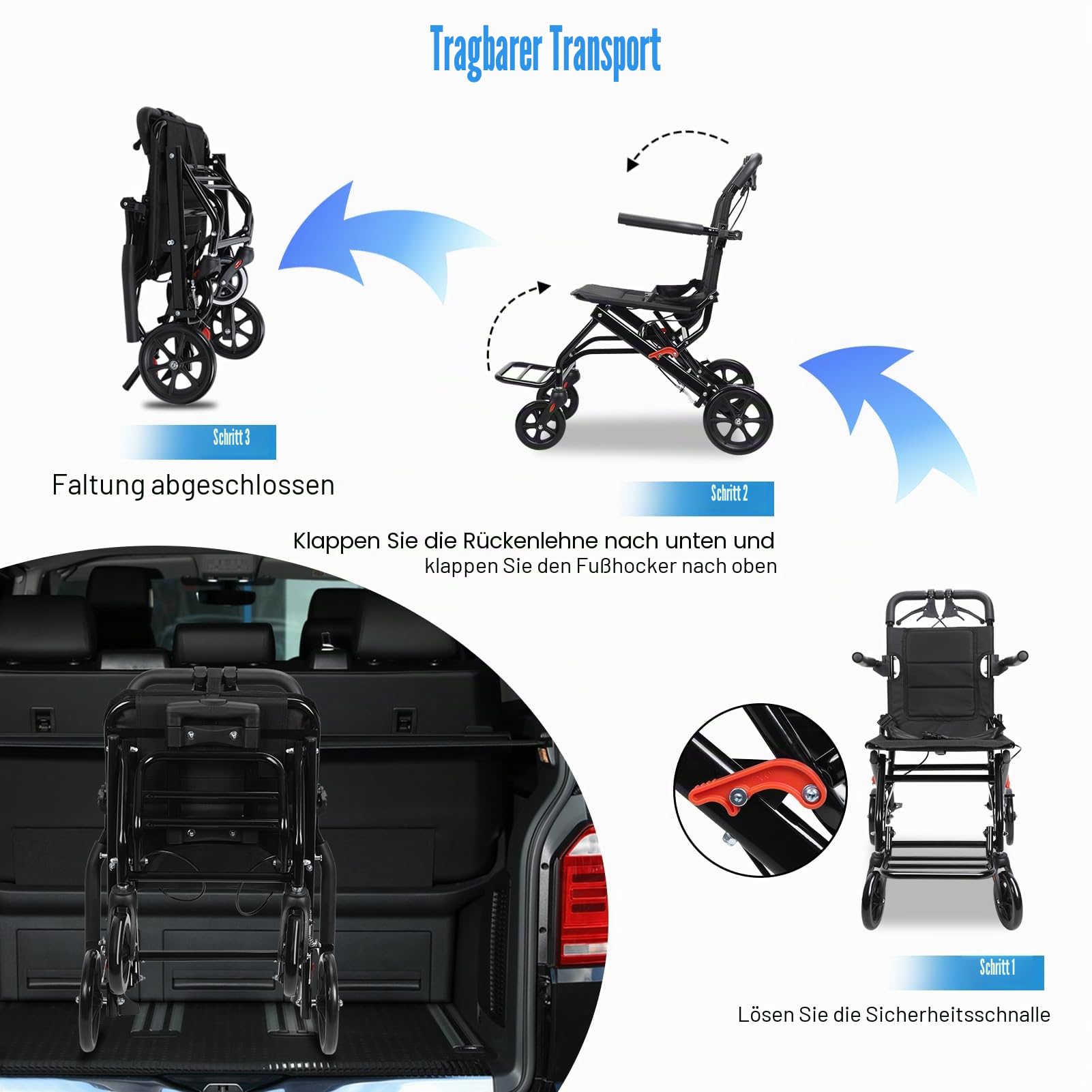 Faltbarer Rollstuhl, leicht, tragbar, Reisestuhl für Erwachsene, ergonomisches Design, Rollstuhl mit verstellbarem Sicherheitsgurt, PU-Räder für reibungsloses Fahren (Schwarz)