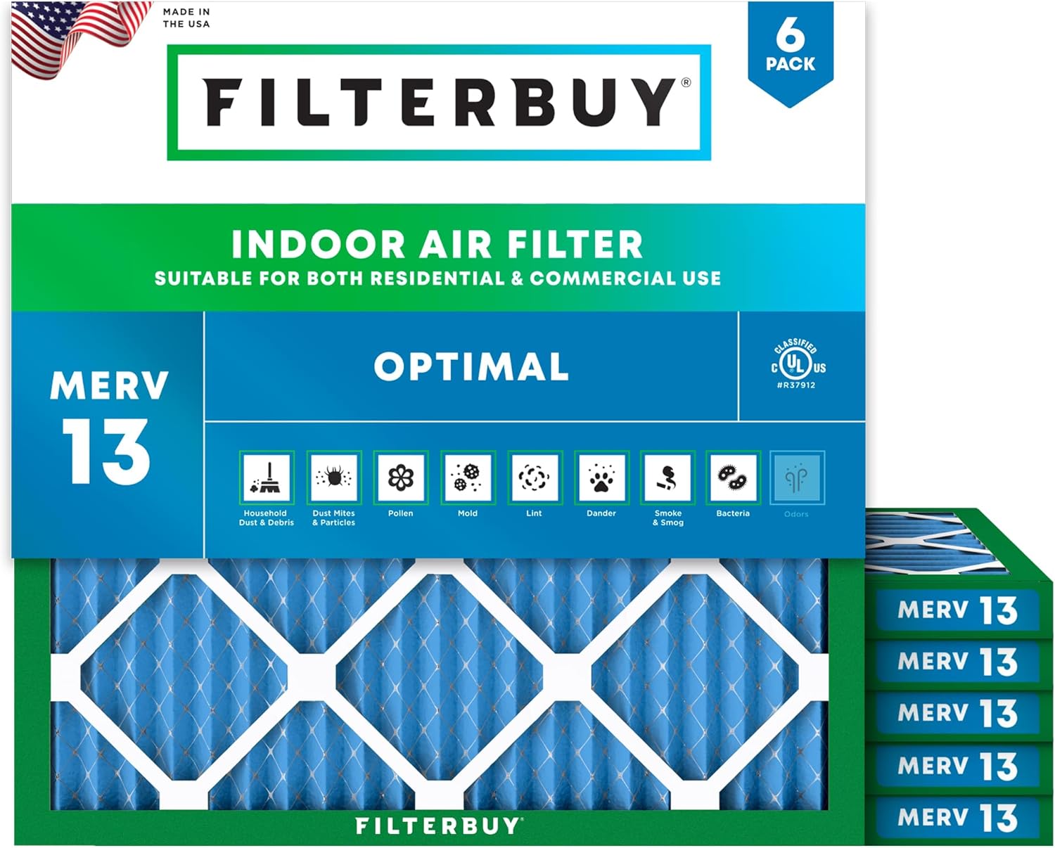 Filterbuy 19.5x19.5x1 Air Filter MERV 13 Optimal Smoke & Allergy Defense (6-Pack), Electrostatic Pleated HVAC AC Furnace Filters Replacement (Actual Size: 19.50 x 19.50 x 0.75)