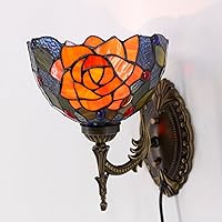 Vista 9 de Lámpara de pared Tiffany con aplique, enchufe o cableado, luz de pared con cúpula de vidrio manchado color rojo glicinia de 8 pulgadas, 8X10.5X11