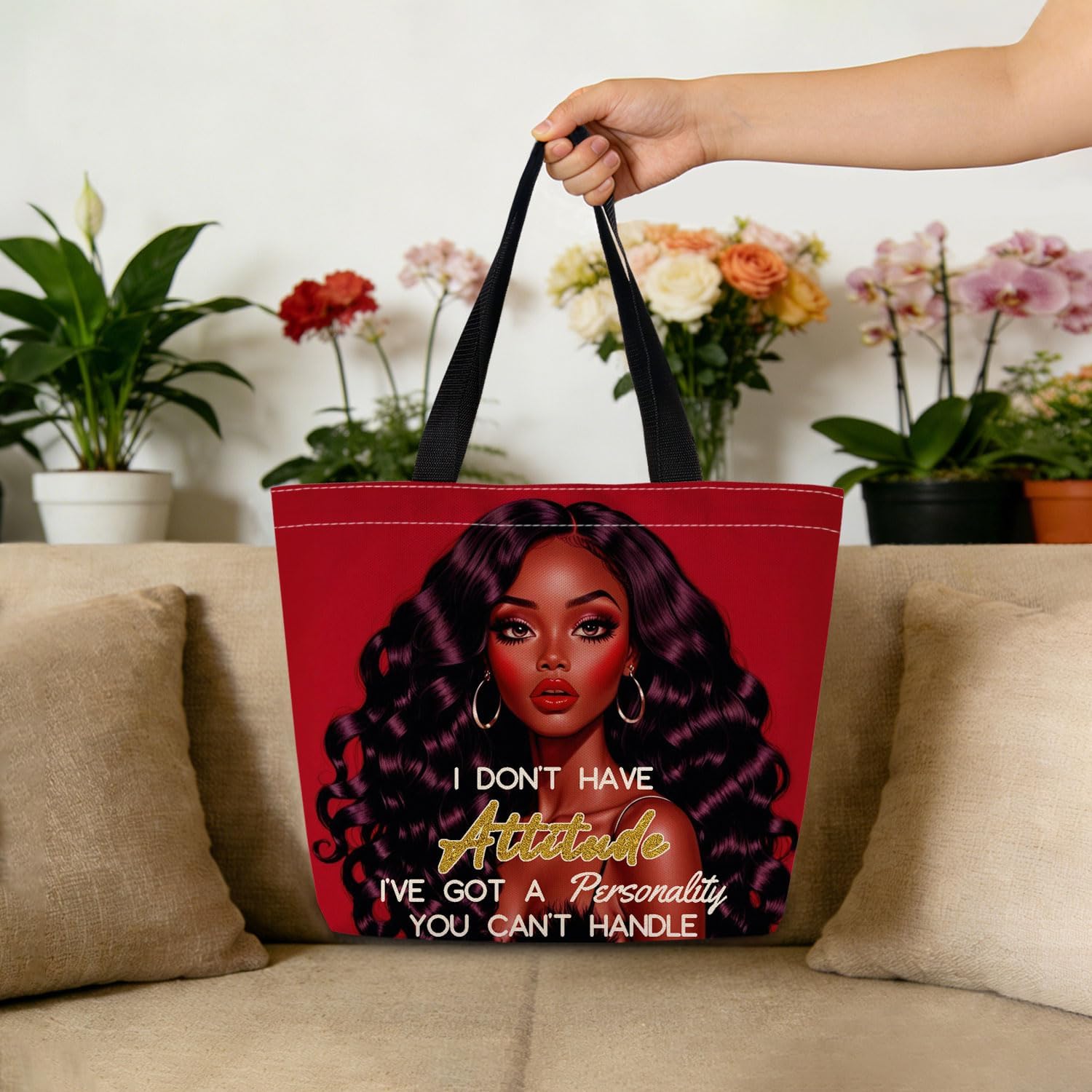 African American Tote Bag Reusable Grocery Bags Aesthetic Shopping Shoulder Handbag with Interior Zipper Pocket Stylish I've Got A Personality Present for Women - Image 3