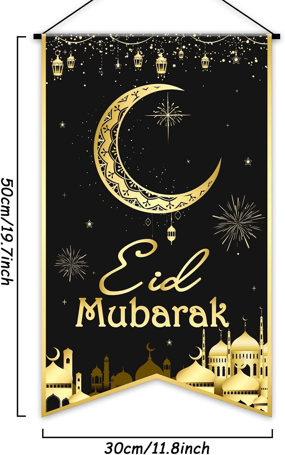 Ramadan EID Mubarak Hanging Door Sign EID Decorative Hanging Sign Party Decorations Black Gold Moon Lantern Banner for Ramadan Kareem Eid Al-Adha Sign Home Decor Happy EID Ramadan Party Supplies Favor image 2