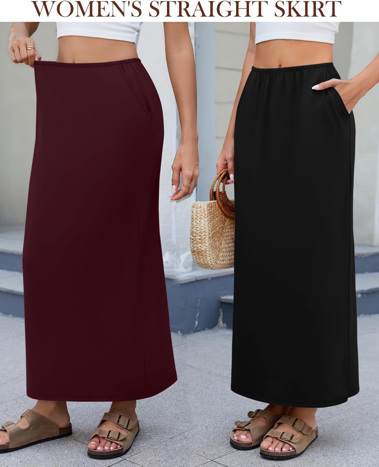Huukeay 3 Pack Long Maxi Skirts for Women, Back Slit Ankle Length Casual Skirts Elastic Waist Soft Pencil Skirts with Pockets - Image 2