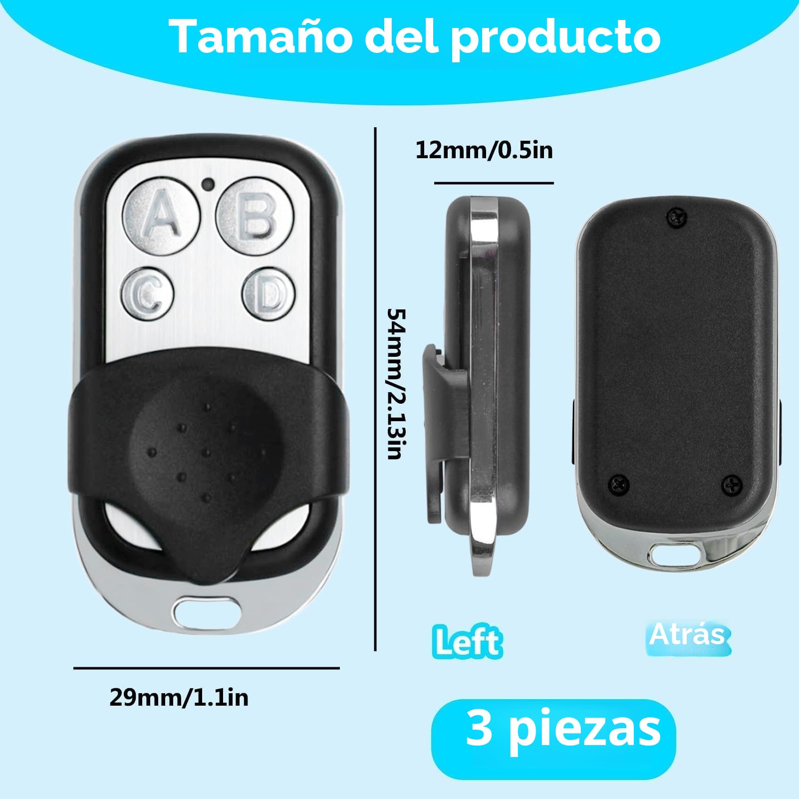 3Pcs Mando Garaje Clonador Universal 433.92Mhz, Mando a Distancia Duplicador con 4 Botones, Puerta Garaje Codigo Fijo Control Remoto Inalámbrico Automático Garage Gate Openers- Incluida Batería