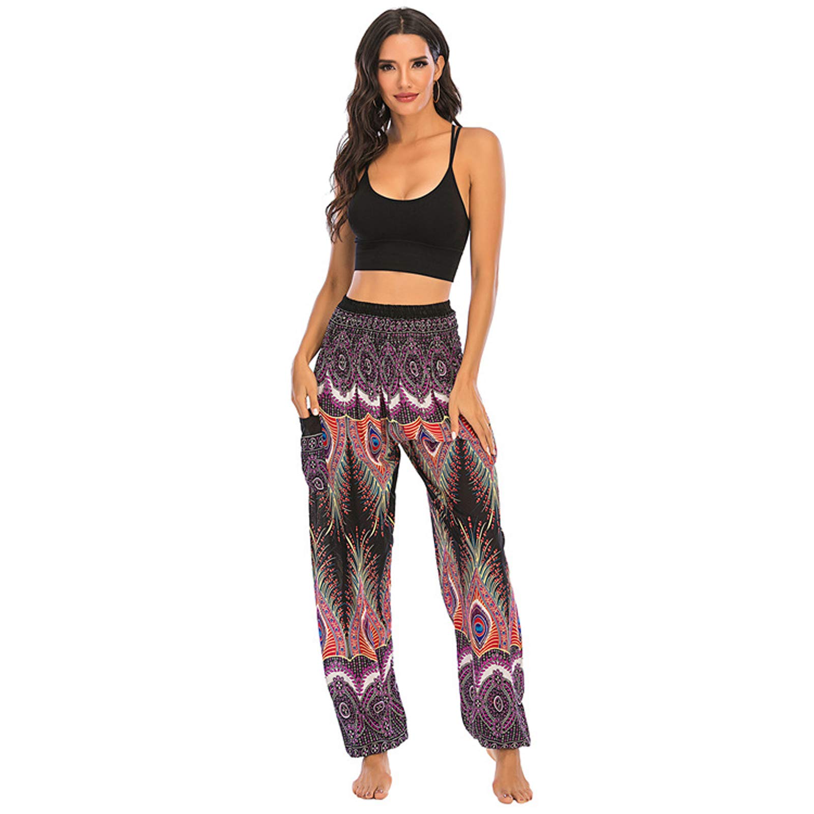Sarouel Femme Pantalon Hippie Élastique Pantalon Jogger Poche Baggy Taille Haute Gym Sport Lounge Pantalon pour Yoga Summer Plage 002-Taille Unique