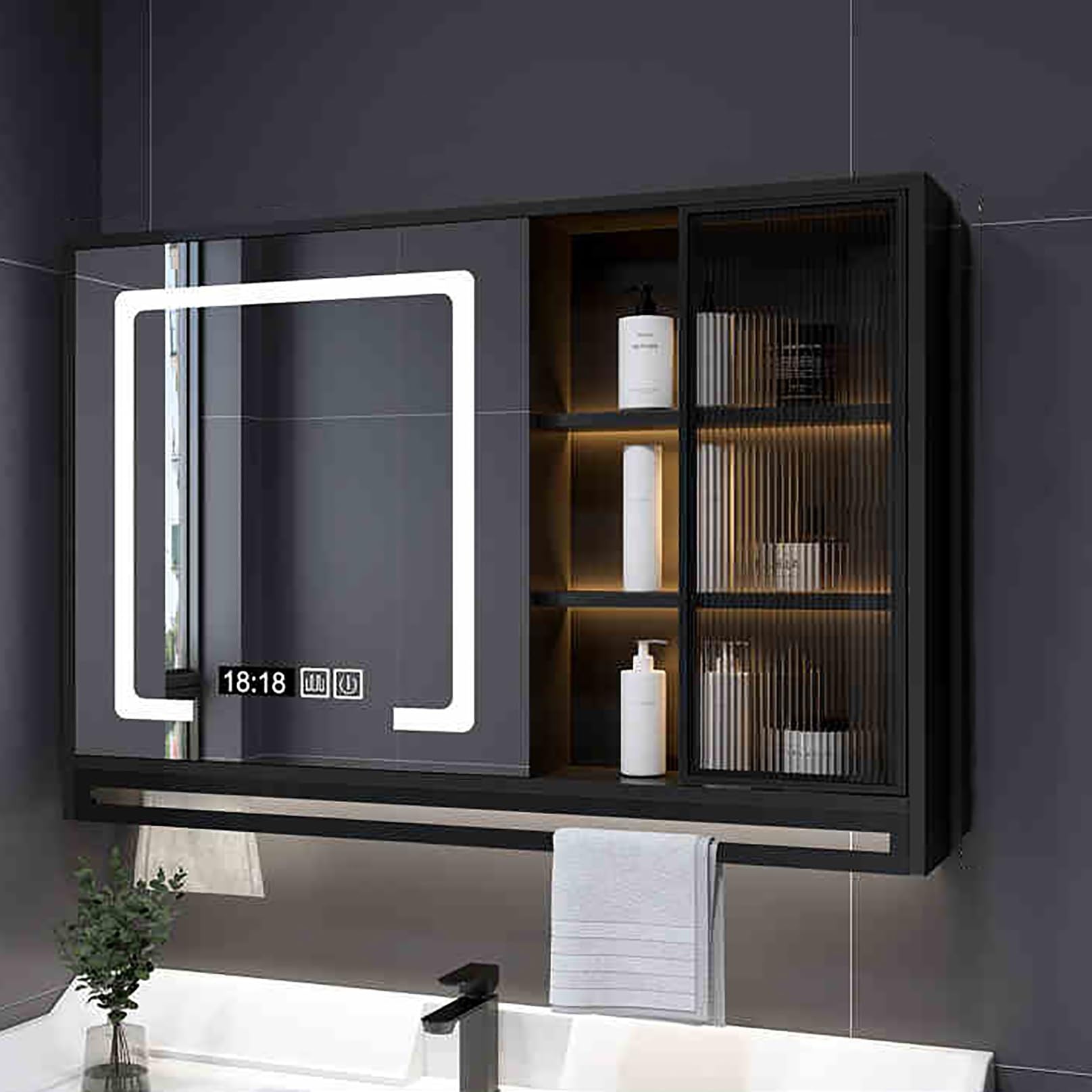 SXFSDOU Wall-Mounted Black Bathroom Mirror Cabinet with Storage 100CM Medicine for Above Sink Vanity nizer Toiletries