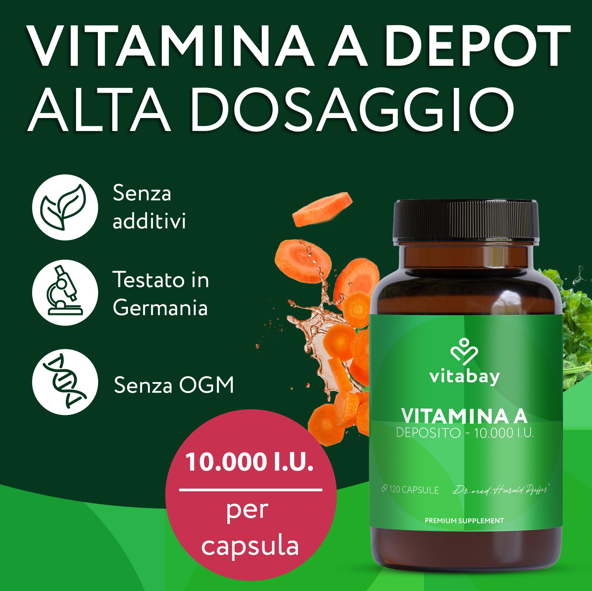 Vitabay Vitamina A capsule ad alto dosaggio – 120 capsule vegane di vitamina A retinolo 10000 UI – Vitamine A per occhi, pelle e sistema immunitario – Vit A Vegan – Testato in laboratorio