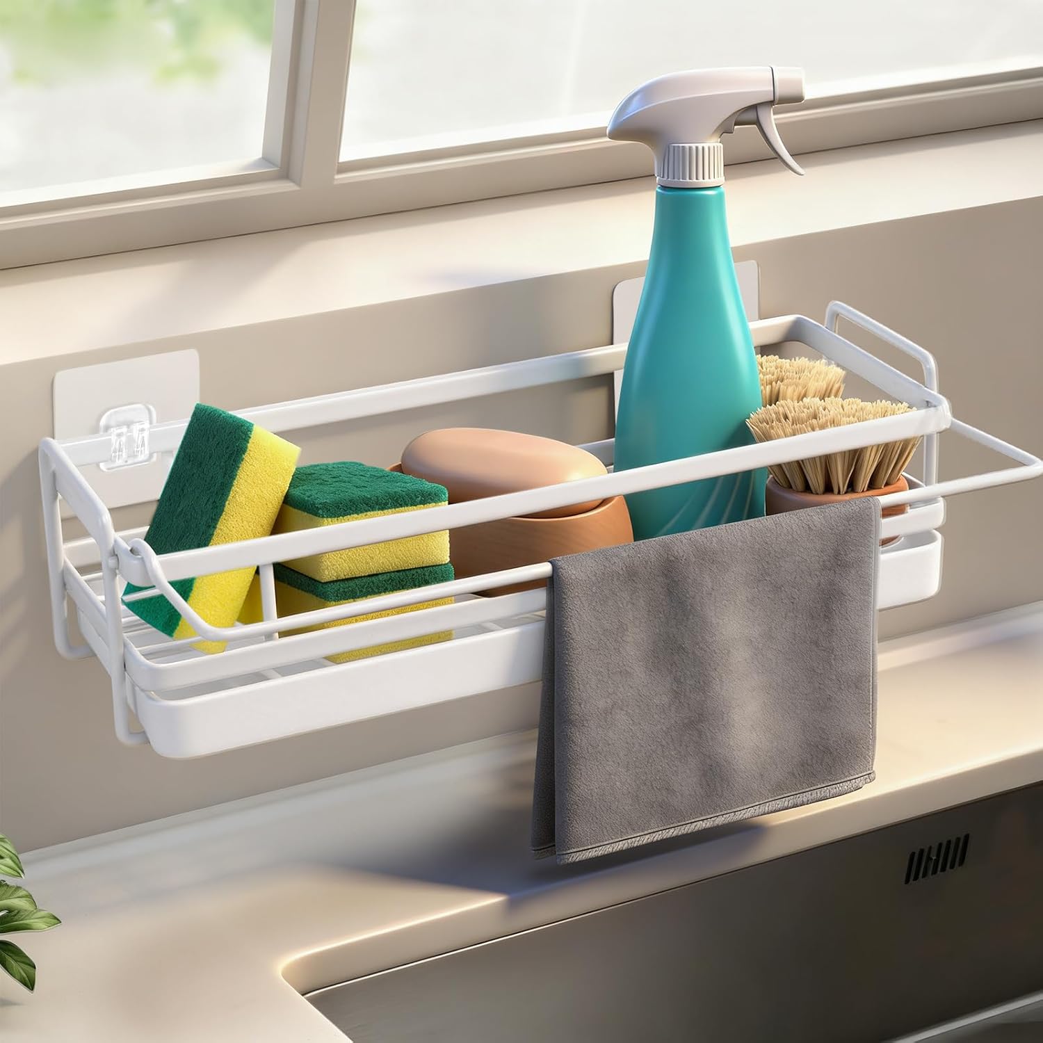 Sink Organiser, Kitchen Organiser with Dish Cloth Holder, Kitchen Sink Organiser, Sponge Holder, Multifunctional Dish Organiser for Cloths, Brushes, Sponge, Soap – No Drilling Required