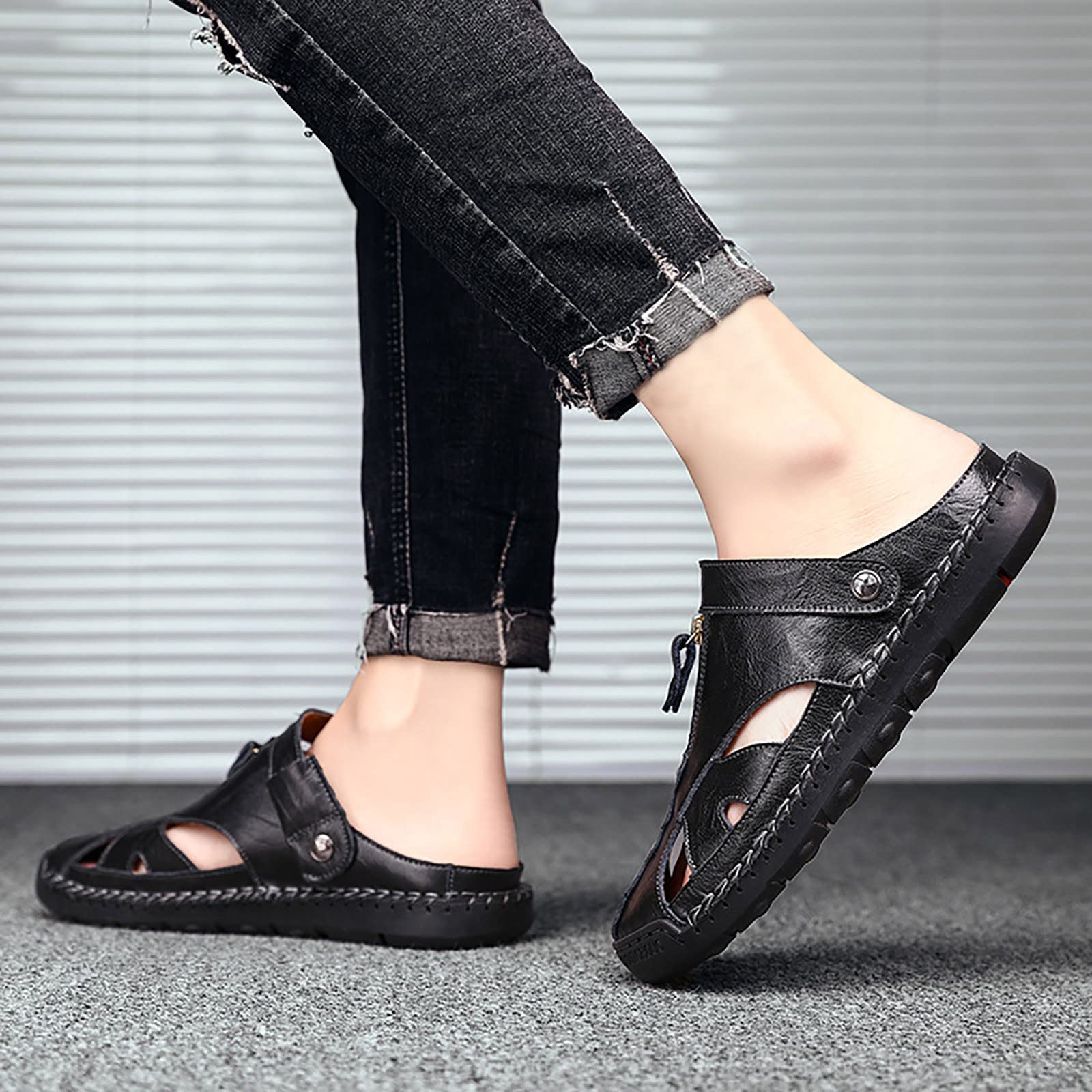 Sandalias Hombre Suela de Goma Cuero con Bandas Ajustables Talla Grande Chanclas Casual Deportivas Transpirable Zapatillas Soporte de Arco Punta Reforzada para Playa Verano Piscina