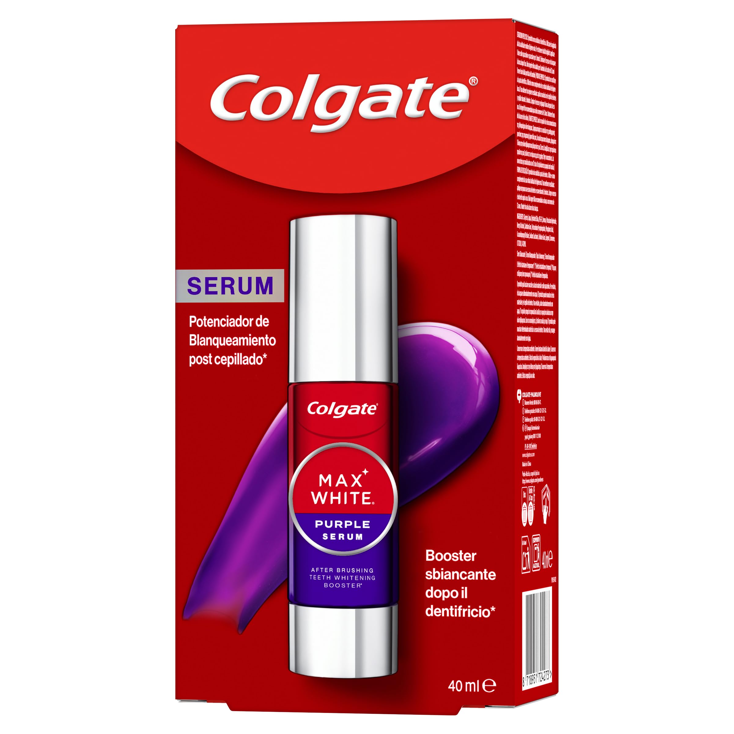 Colgate Max White Sérum Morado 40ml, Blanqueador Dental Instantáneo sin Flúor, Blanquea Instantáneamente, Fórmula de Doble Acción para Corrección del Color y Resultados Blanqueadores Duraderos