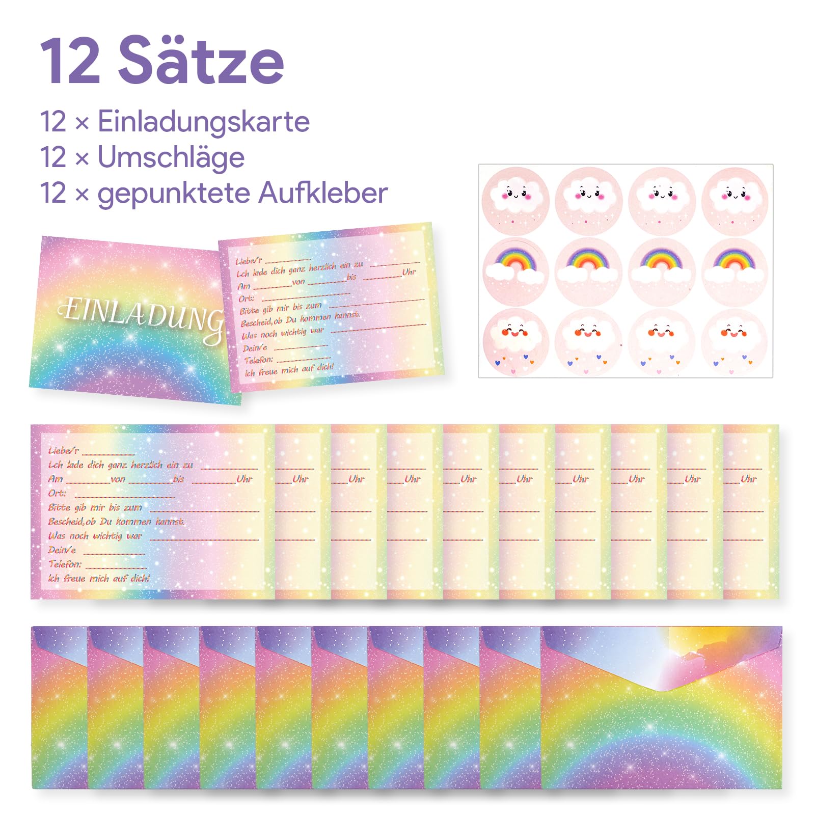 Scettar – 12 Biglietti D'Invito Di Compleanno Per Ragazza A Tema Arcobaleno, Con Buste Rosa E Adesivi Di Chiusura - 2