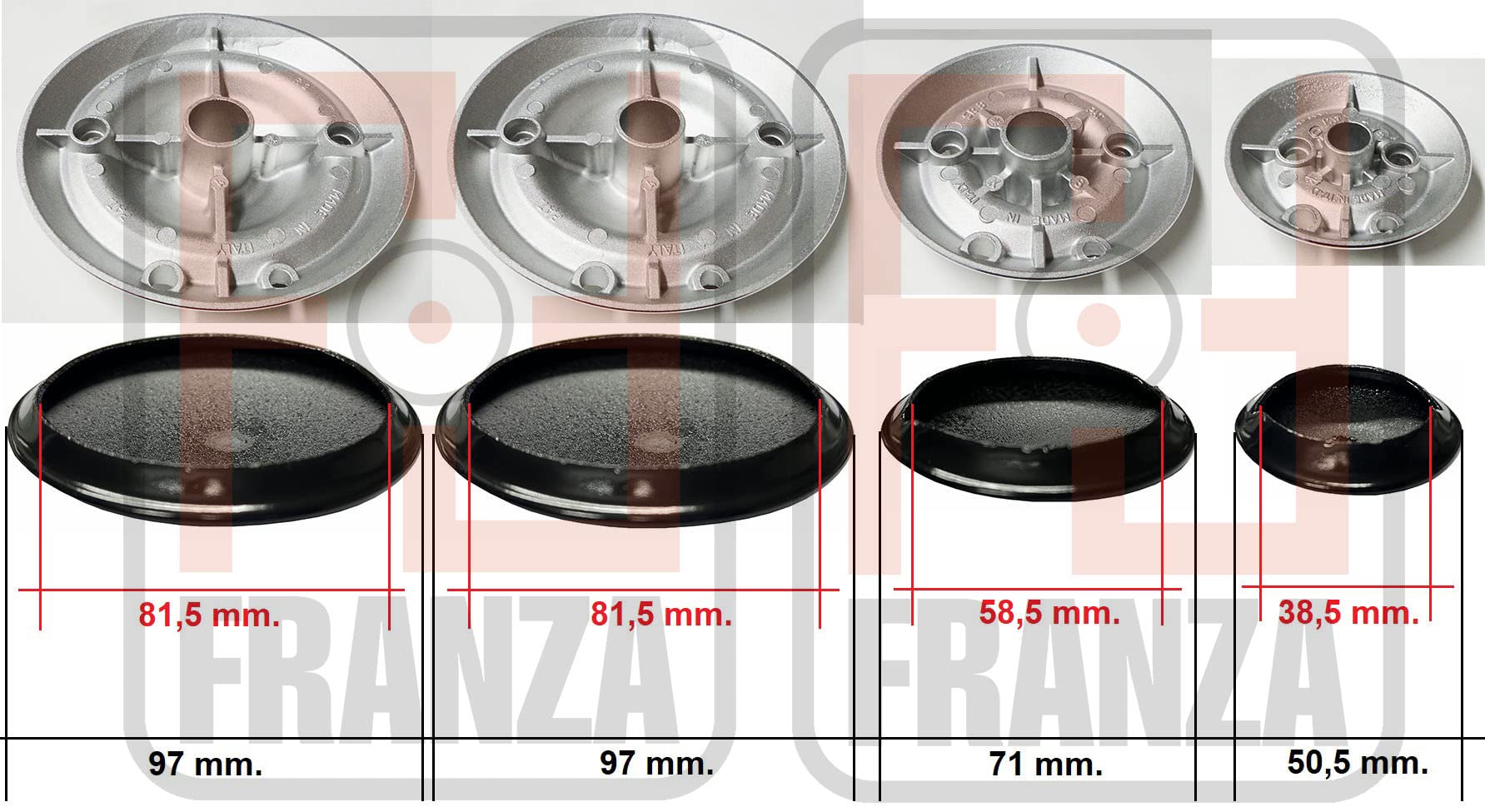 Lofra - Kit 4 bruciatori Sabaf - 2 Grandi - 1 Medio - 1 Piccolo completi di piattelli spartifiamma per cucina piano cottura 4 fuochi - Made in Italy - LO04