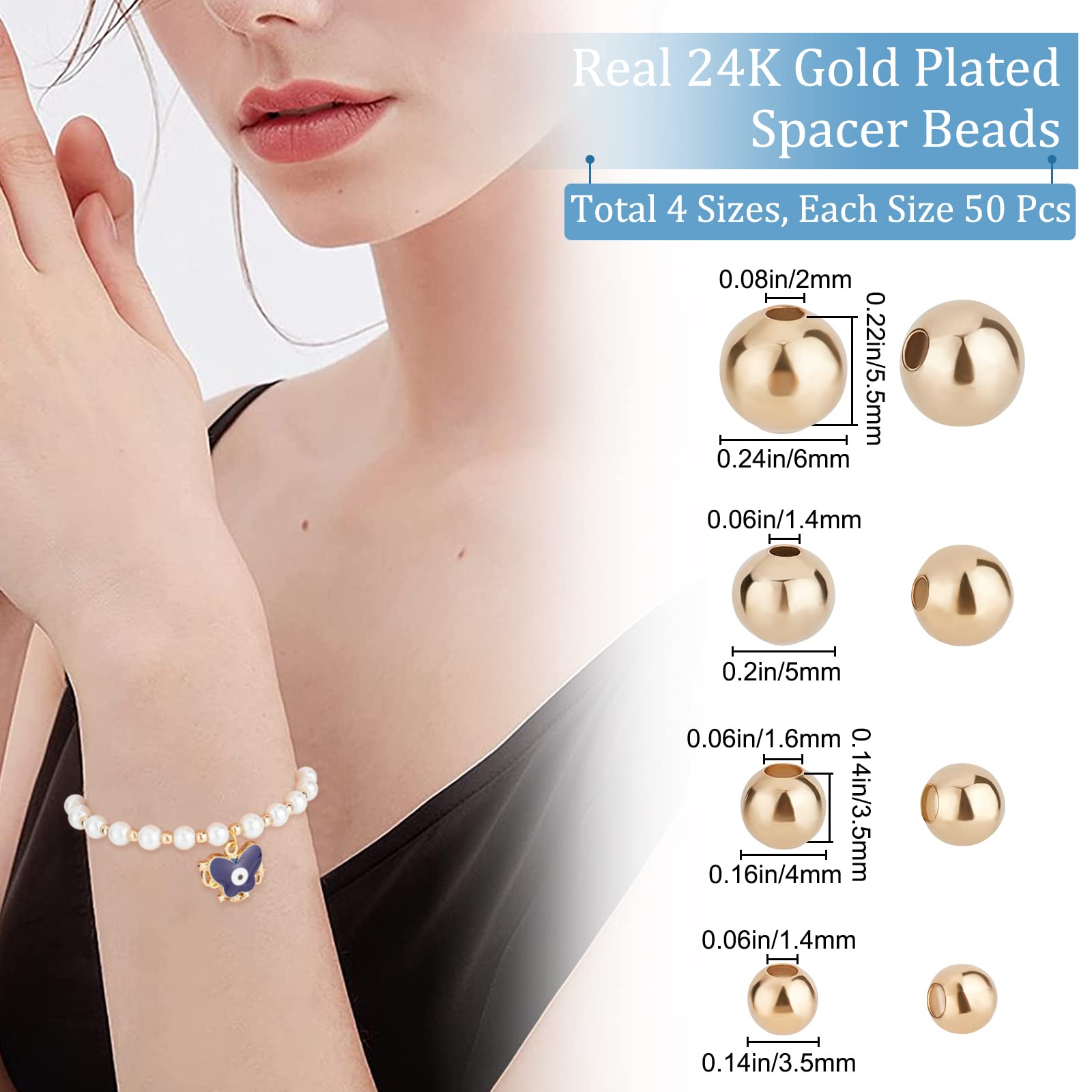 Beebeecraft 200 Perles Plaqué Or 24K - Entretoises Rondes 3.5 à 6mm Pour Bijoux