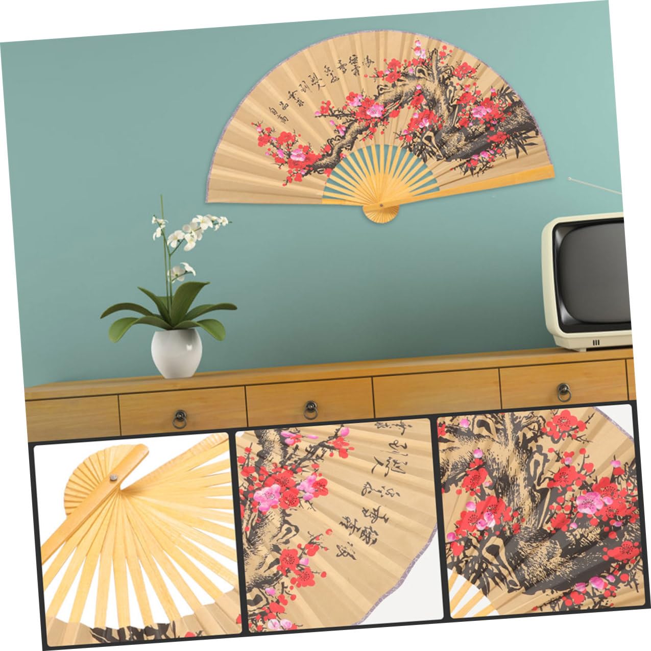 2 Stück Großer Papierfächer im Chinesischen Stil mit Blumenmuster Traditionelle Wanddekoration aus Papier und Holz für Feierlichkeiten und Hochzeitsatmosphäre