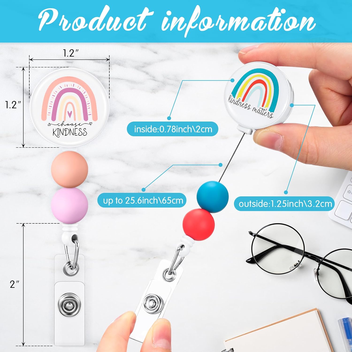 PerKoop 9 Pcs Be Kind Badge Reels Retractable with Silicone Beaded Beads, 360 Rotating Clip Cute Rainbow Badge Reels Holder ID Name Tags Keychain for Rn Nurses Student Teacher Office Gifts thumbnail