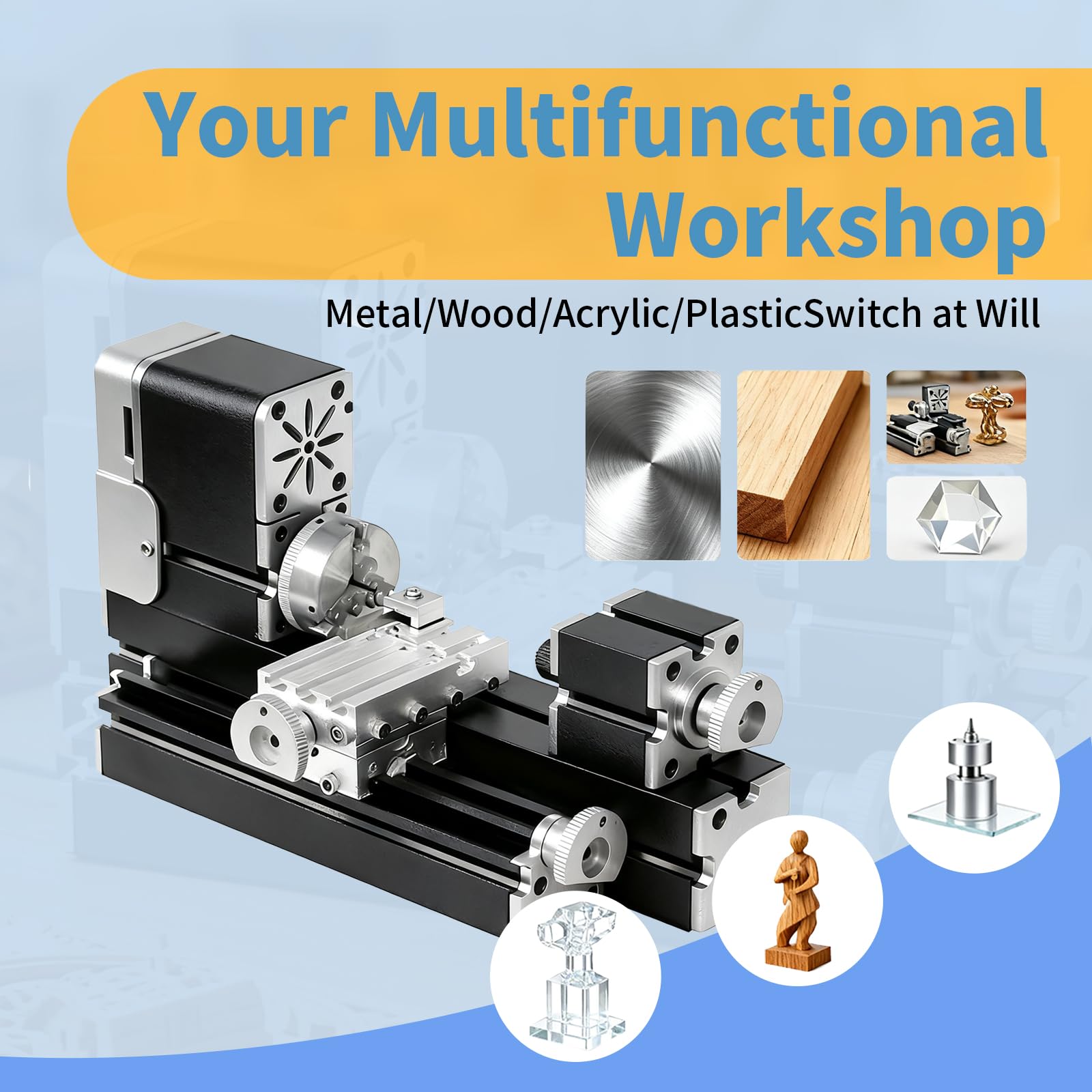 Mini torno de metal con juego de 5 cortadores con punta de carburo de 4 x 4 mm, motor de 20000 rpm, precisión de 0.02 mm, construcción totalmente metálica, para girar metal suave/madera/acrílico