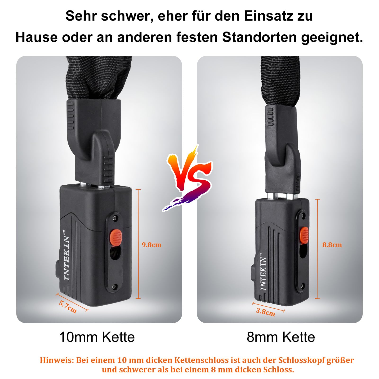 INTEKIN Motorradschloss Hohe Sicherheit, 120cm lang 10mm stark Stahl Kettenschloss, schwer Fahrradschloss mit Schlüssel, Anti-Diebstahl Schloss Kette 