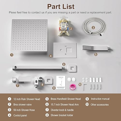 Miniatura 7 de JOMEOO Sistema de ducha de níquel cepillado de 12 pulgadas, cabezal de ducha de lluvia de alta presión montado en la pared con rociador de mano,