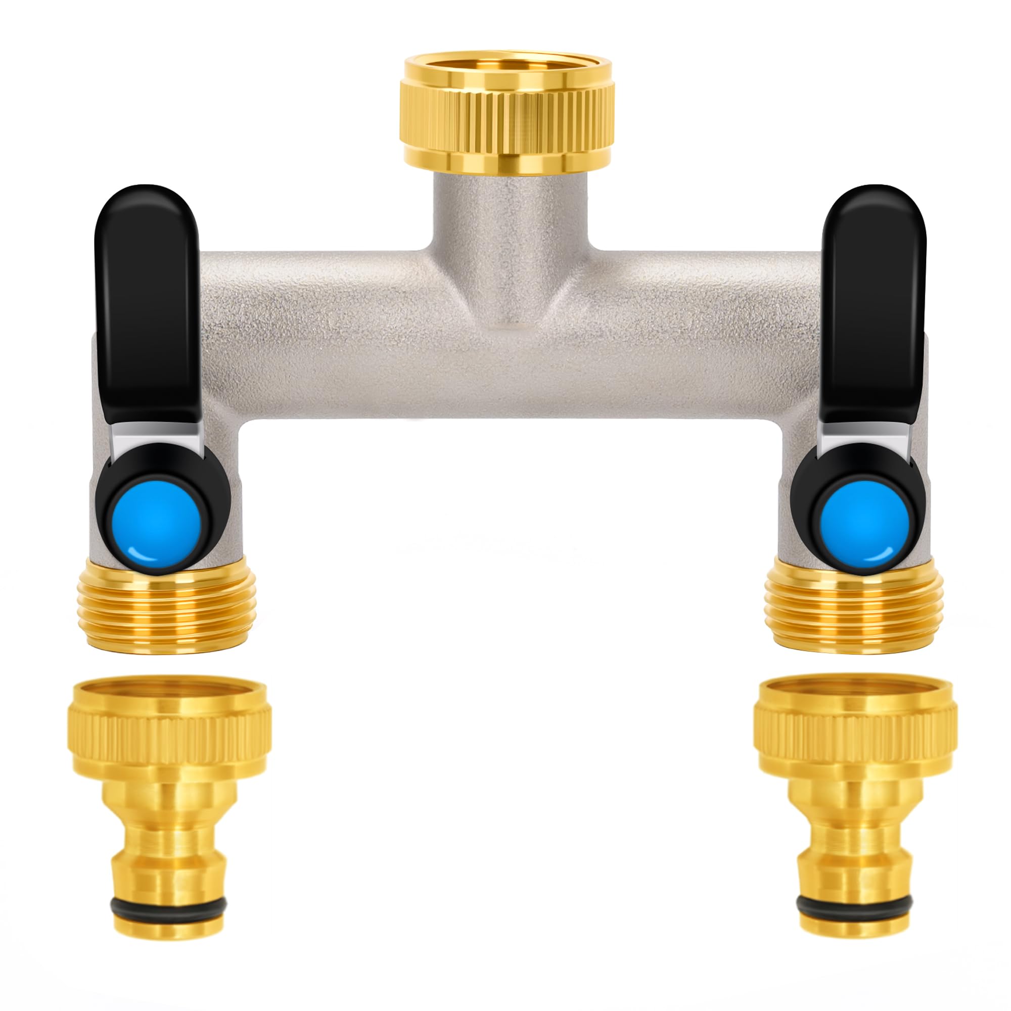 OPERMAXER 2-Wege Wasserhahn Wasserverteiler, 304 Edelstahl Griff, 3/4 Zoll Messing Wasseranschluss Verteiler mit individuellem Absperrhähnen，2er 3/4" Verteilerauslässen für Geräte/Gartenschläuche