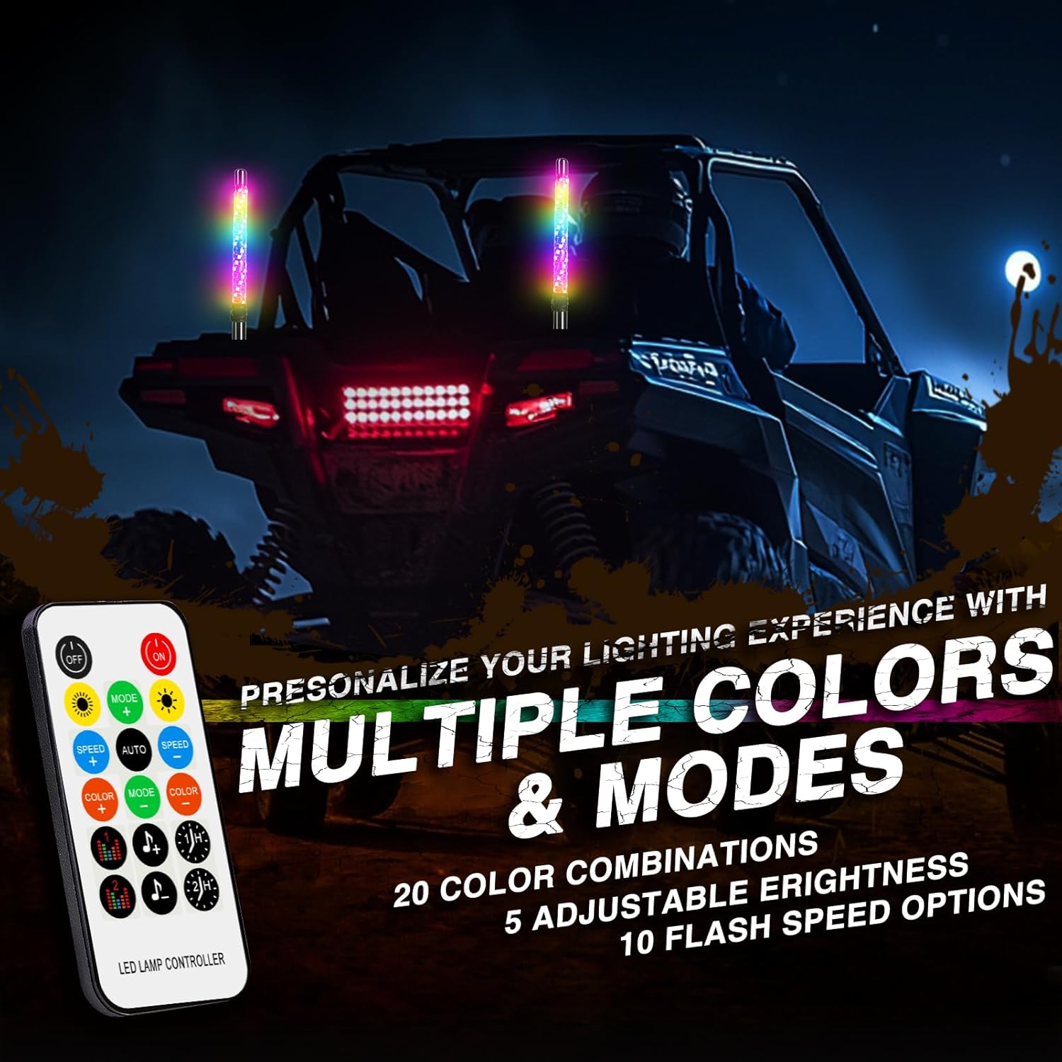2PCS 1FT RGB Whip Lights,LED Whip Light with App & Remote Control Spiral Chasing Lighted Antenna Whips for Side by Side Music Whip Lights for ATV UTV RZR Can-Am Polaris Dune Buggy SXS Truck