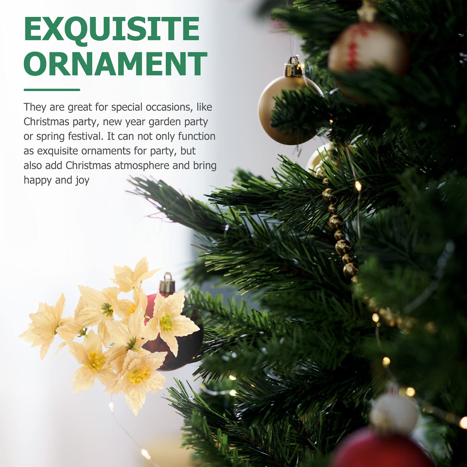 RLKHXBS Akcesoria domowe 10 sztuk Boże Narodzenie Poinsecja Choinka Sztuczne kwiaty Brokat Wianek Wakacje Kwiatowe rękodzieło Girlanda na wesele Ozdoby festiwalowe Złota ozdoba domu Dzień pamięci