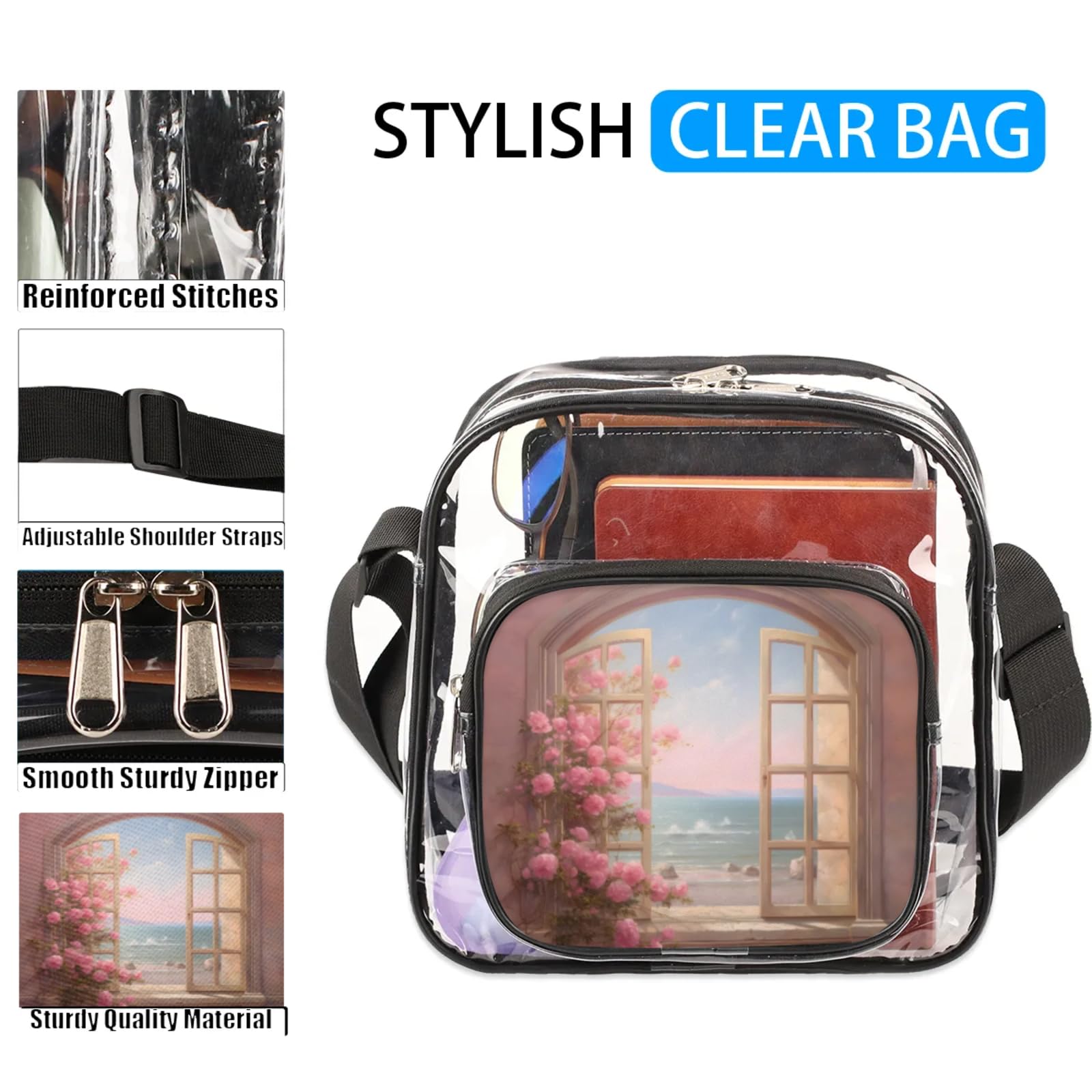 GzLeyigou Clear Crossbody Bag Stadium Approved Scenery Outside Window Transparent Bag for Festivals, Sports Events, Concerts,Beach Bag for Women Men Clear Purse with Front Pocket Messenger Bag