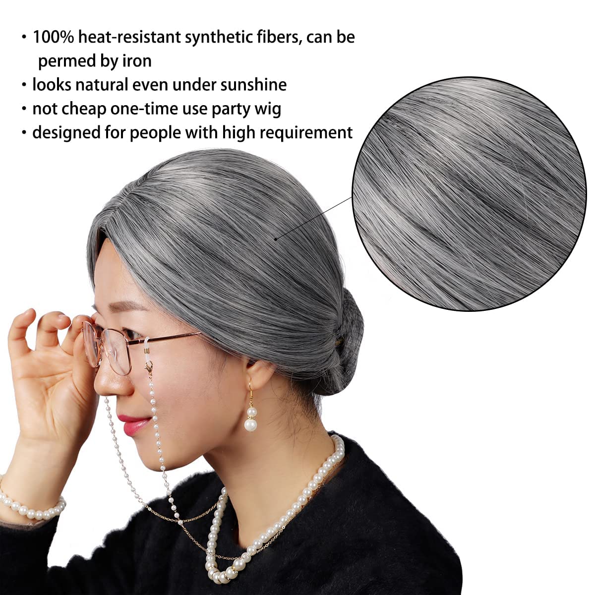 ColorGround Old Lady Gray Wig with Granny Glass Eyeglass Chain Crutch Necklace Earrings Beads Bracelet for Halloween