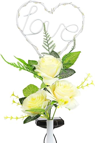 Miniatura 7 de Joyathome Luces solares de 16 pulgadas con 3 flores artificiales, arte de jardín de metal para patio, césped, jardín, decoración solar al aire libre