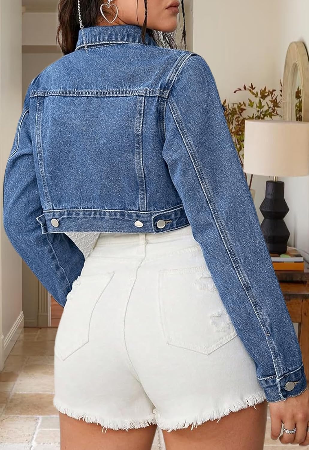 Women's Cropped Denim Jean Jacket Button Down Frayed Washed Long Sleeve Casual Jacket Coats - Image 6