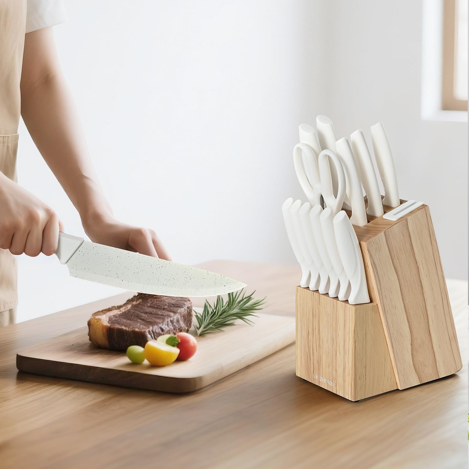 Juego de cuchillos con bloque, juego de 15 cuchillos de cocina, cuchillos de cocina para picar, cortar en rodajas, cortar en cubitos, aptos para lavavajillas, afilador incorporado