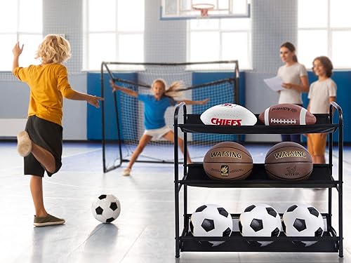 Miniatura 5 de StorageWorks Organizador de equipos deportivos de garaje, estante de bolas de 3 estantes para baloncesto, almacenamiento de juguetes de garaje