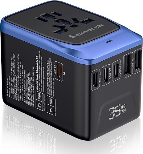 Adaptador de viaje universal, PD 35 W 7 en 1 adaptador de enchufe de alimentación internacional con 7.0A 4 USB-C y 2 USB-A cargador de pared rápido,