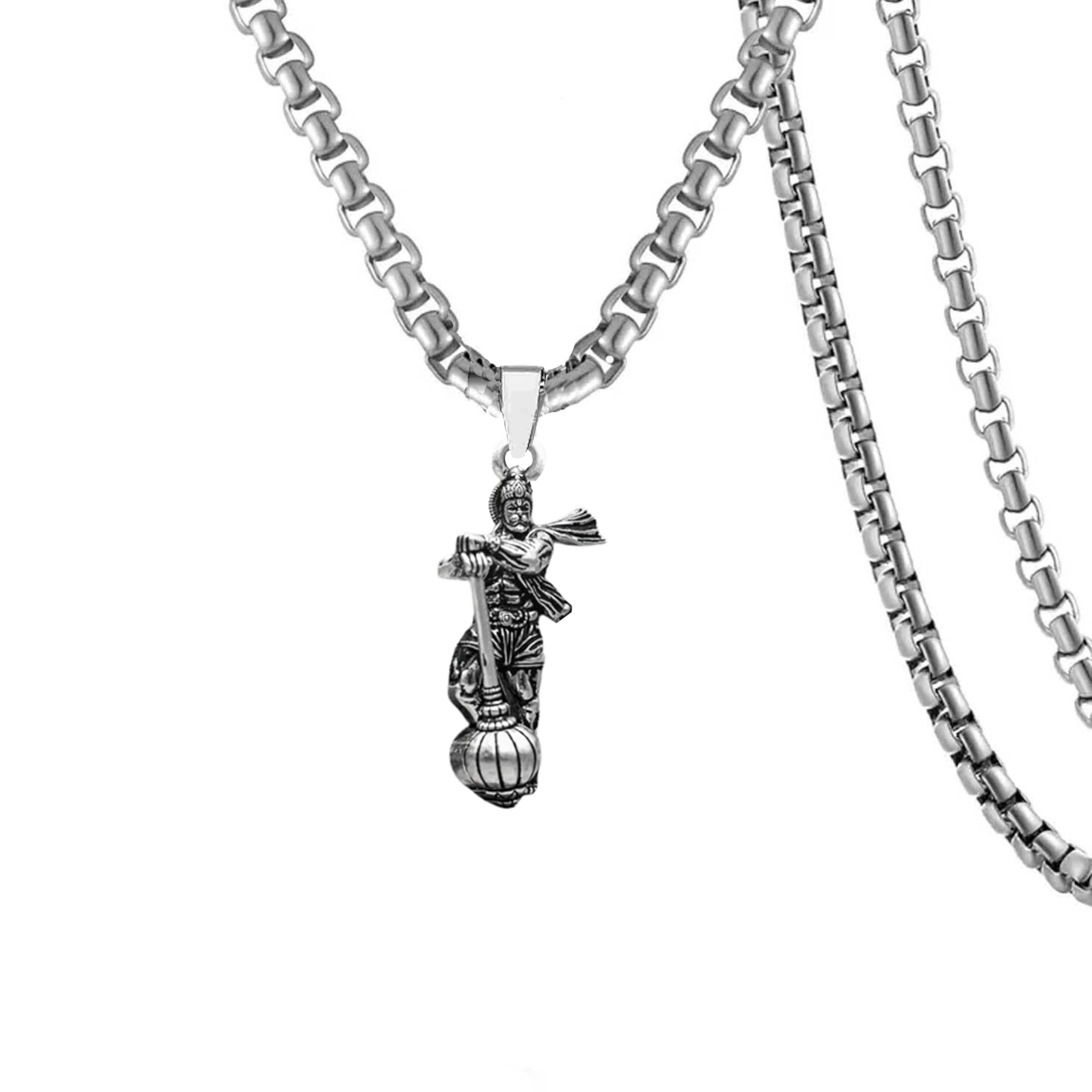 Hindu Lord Bajrangbali Hanuman idol Monkey God of Devotion Locket With Link Chain Silver Zinc Metal Pendant Necklace For Men And Women-image-42