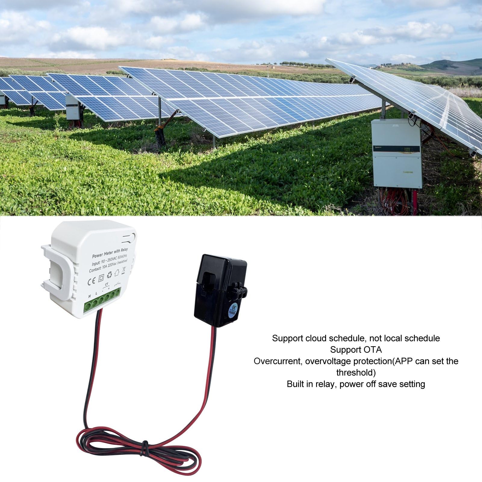 Medidor de energía inteligente WiFi con abrazadera de transformador de corriente CT de 80 A, monitor de consumo de energía monofásico de 90-250 VCA con relé para