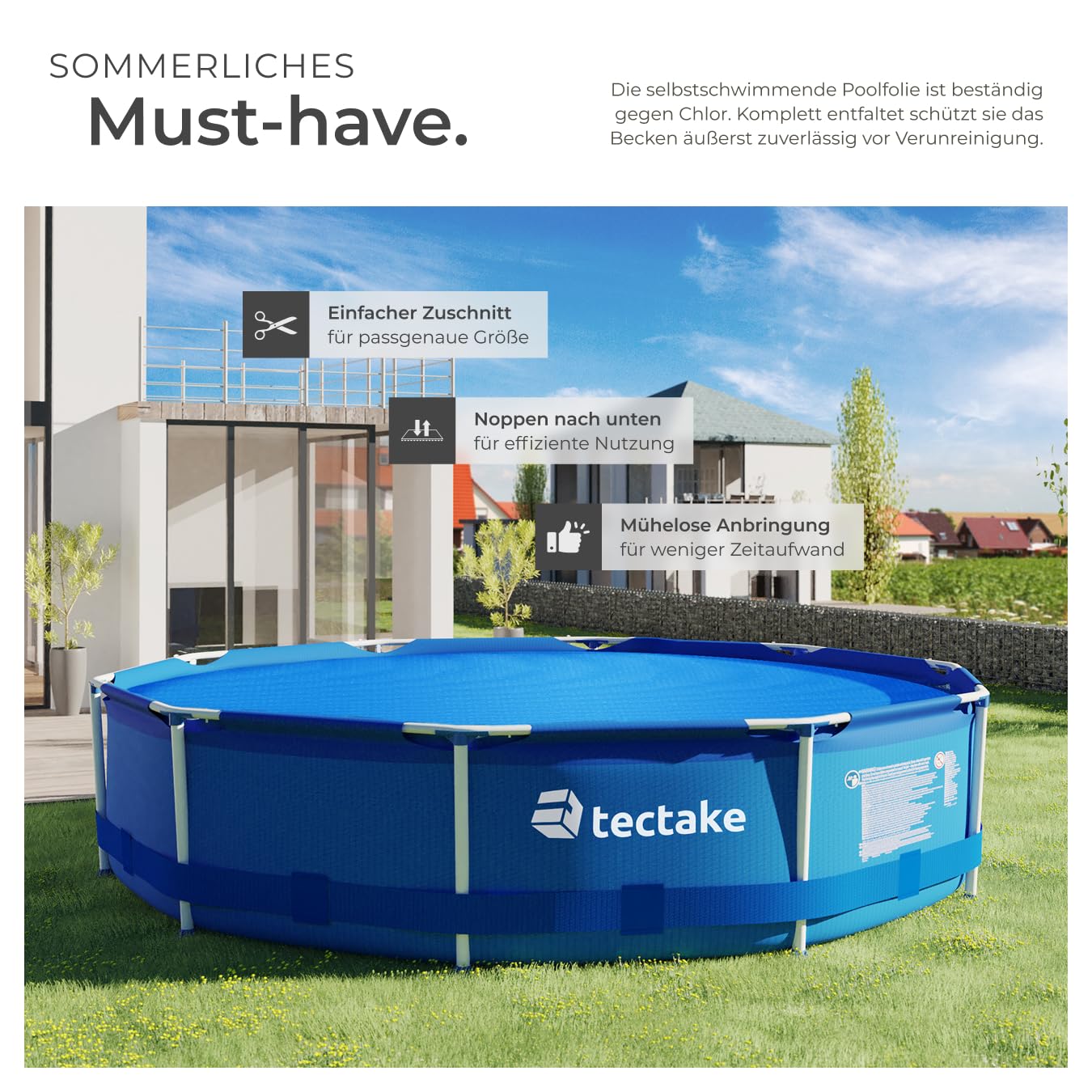tectake® Poolabdeckung rund, Solarplane Pool, Poolplane rund, Poolzubehör Abdeckplane für Aufstellpool, Pool Garten, Schwimmbecken, Pool Abdeckung mit Noppenfolie als Solar Poolheizung - Ø 455 cm
