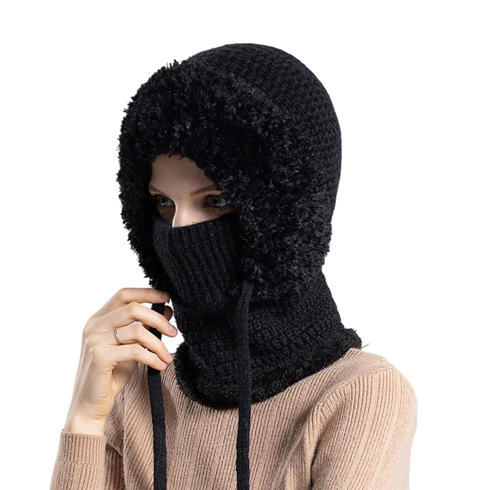 YSINOBEAR 3 in 1 Beanie Hat for Women, Sherpa Hood Ski Mask, 3 in 1 Beanie Hat with Scarf and Mask,Fall Winter Warm Knitted Windproof Balaclava Scarf,Women's Outdoors Windproof Scarf Hat (Black)