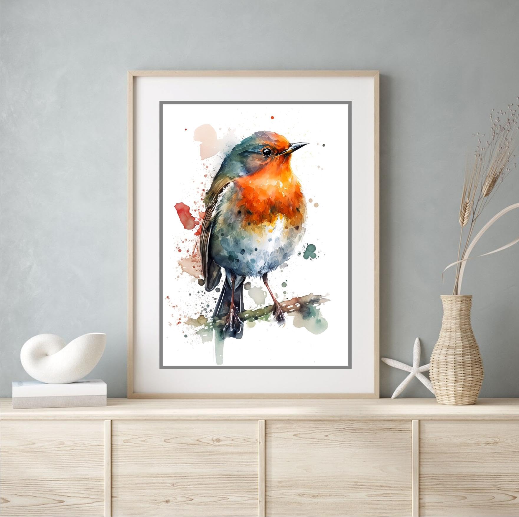 Multi Beauitiful Vivid Fine Art Print Of A Robin Painting (Picture 2) (A4 Print Only 29.7 X 21Cm)