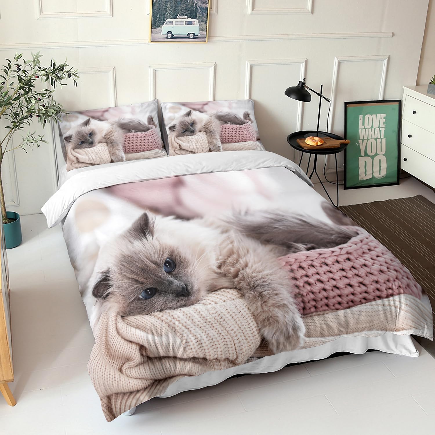 AILONEN Cat Duvet Cover Set, Full Size, Kawaii Pet Animal Cat Lover Comforter Cover Set, 3 Pieces, 1 Quilt Cover and 2 Pillowcases