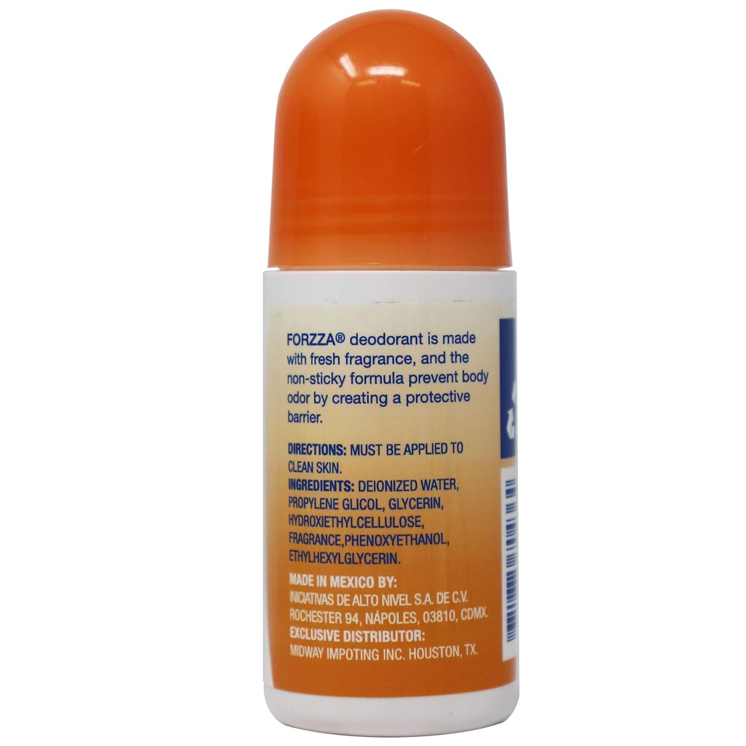 Back of a Forzza Roll-on Deodorant bottle showing ingredients and directions for use.