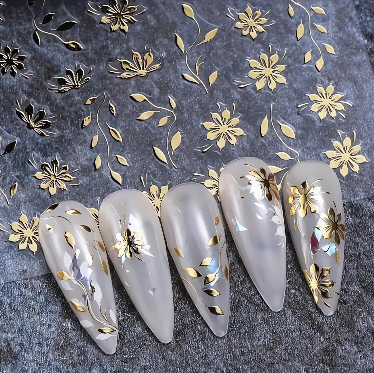 6 Sheets Floral Nail Art Stickers, Spring Leaf Nail Decals, 3D Self-Adhesive Nail Decoration Supplies for Daily Festival DIY Pink White Silver Black Gold Blue Manicure Stickers image 5