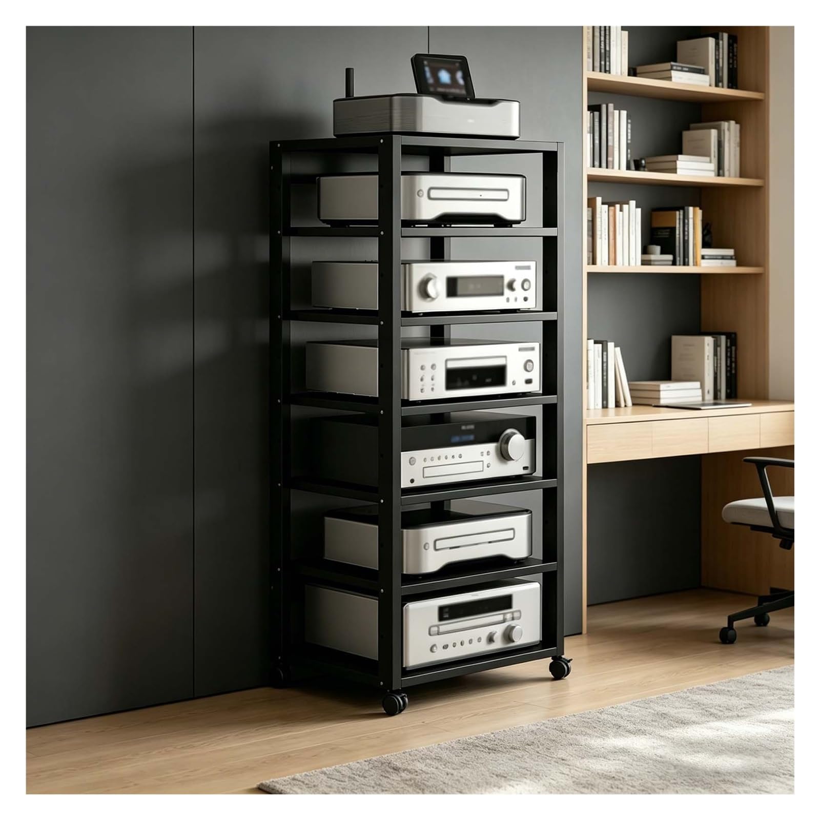 Mensola AV HiFi regolabile a 7 livelli, supporto multimediale video con ruote universali, rack audio mobile for soggiorno, camera da letto, studio(Nero)