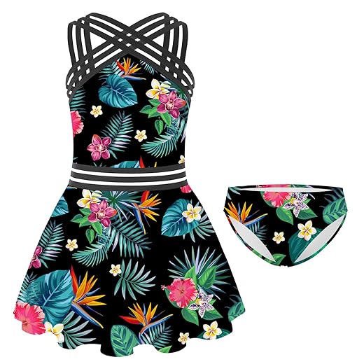 ADUKIDE Girls Two Piece Tankini Swimsuits Kids Bikini Bathing Suit Dress and Bottom Size 13-14T Cross Strap Beach Wear Tropical Floral Print Flower