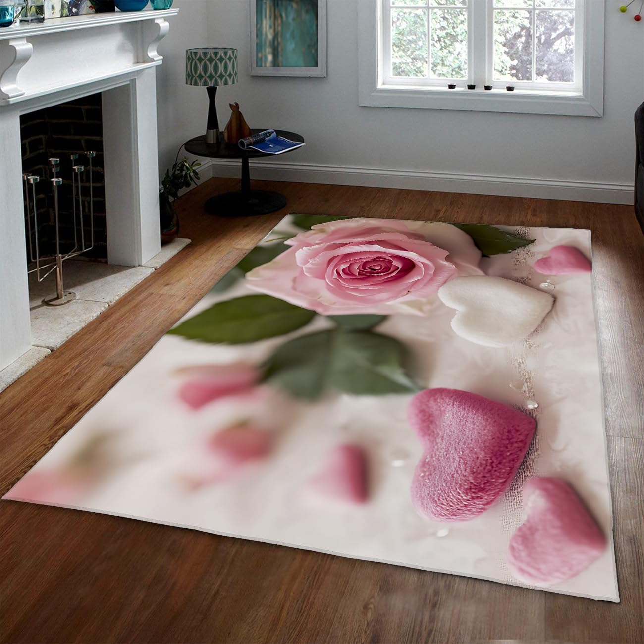 Blooming Love Floor​ dywany 180 x 270 cm romantyczna róża i słodka czekolada wzór dywan niskie runo antypoślizgowy różowy i biały walentynki dekoracja