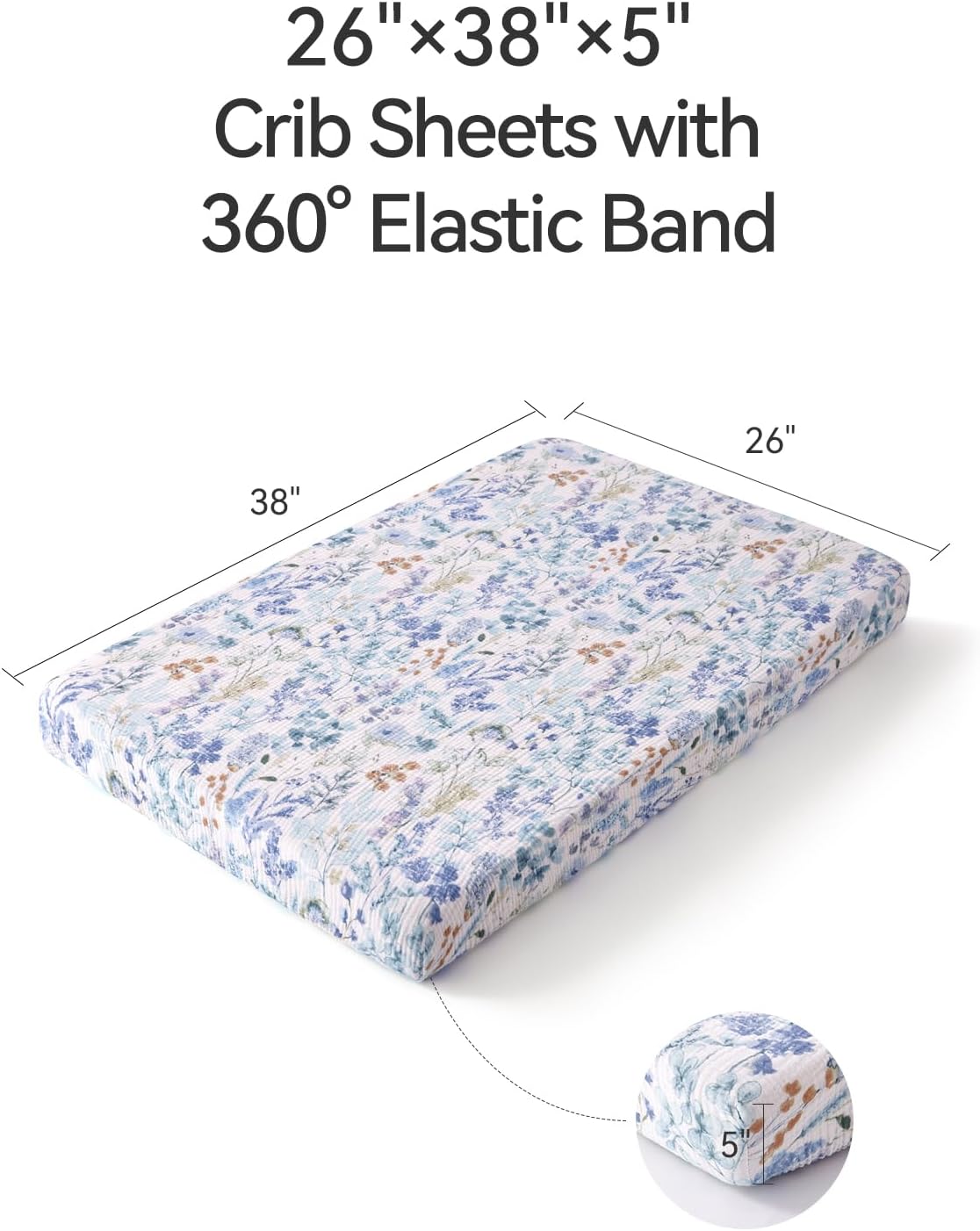 TILLYOU Muslin Mini Crib Sheets 2 Pack, Pack and Play Mattress Sheets Fitted for Pack N Play, 38'' x 26'' Sheet for Toddler, Blue Flower - Image 6