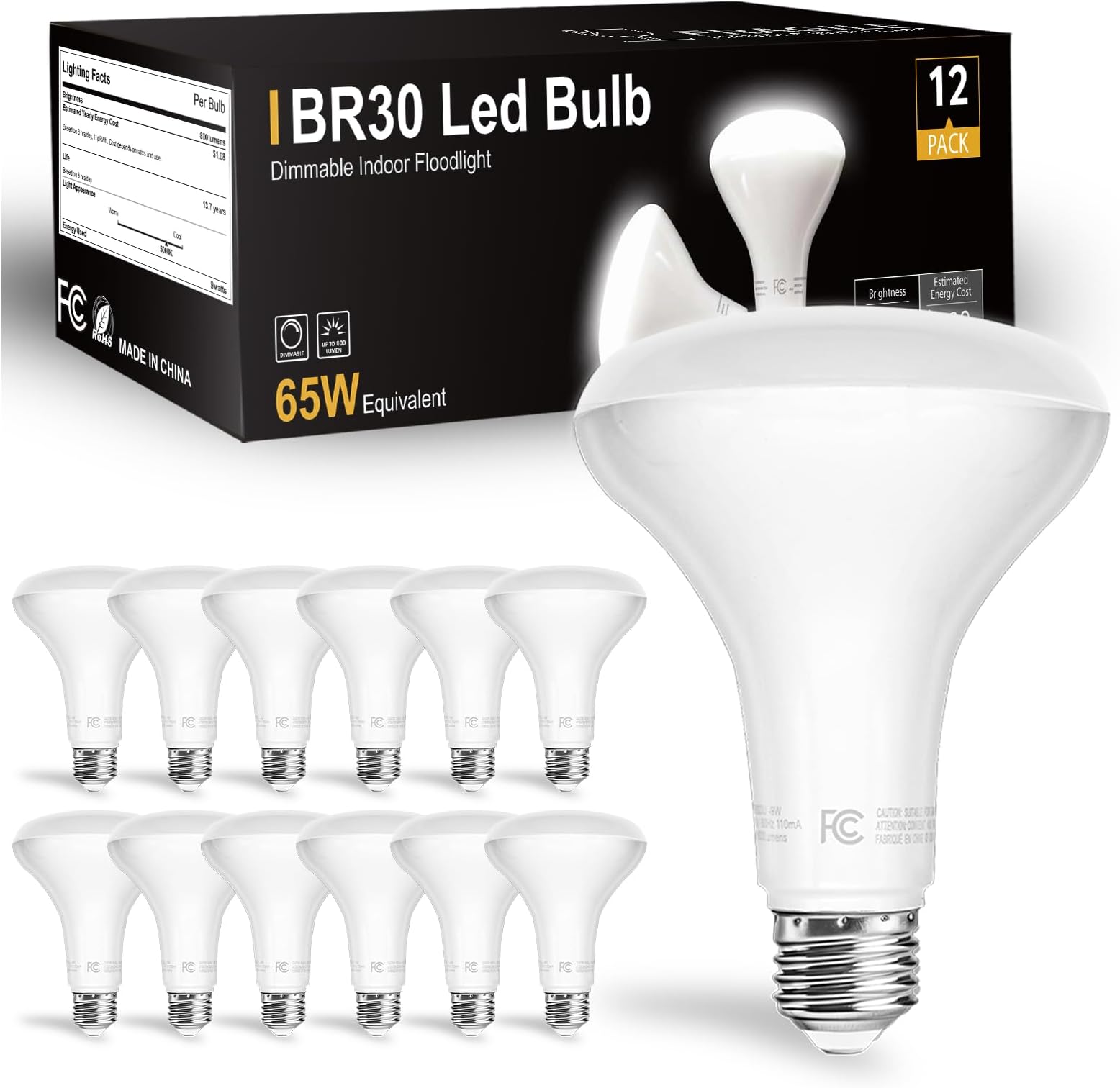 dalattin 12 Pack BR30 LED Bulbs 65W Equivalent, Dimmable Indoor Flood Lights 5000K Daylight