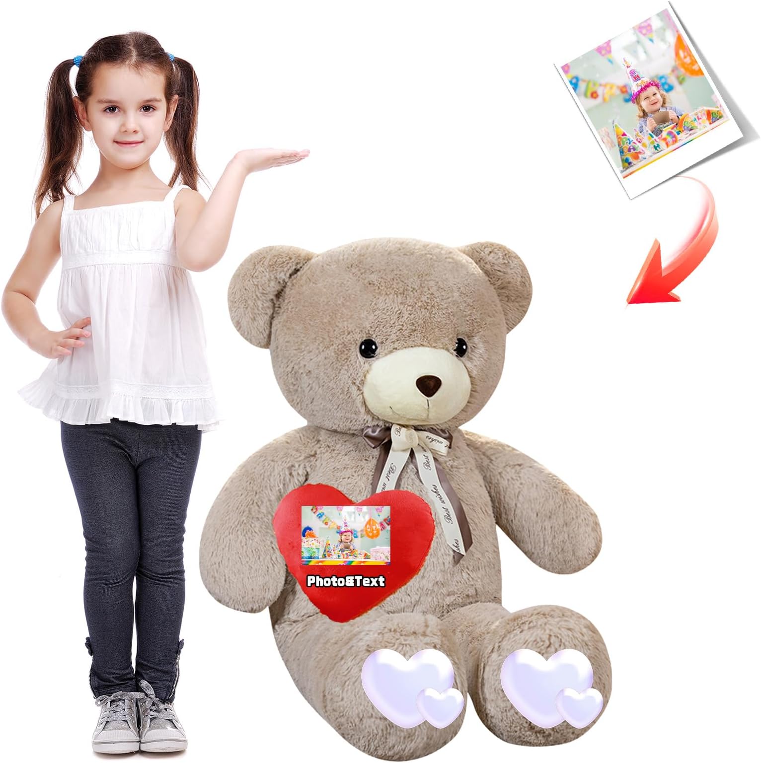 Personalized Giant Teddy Bear 4 Feet with Bow as Personalized Gifts, Huge Teddy Bear 48 inch with Text Photo as Anniversary Birthday Gifts for Valentines Christmas (48 inch-Text+Photo)
