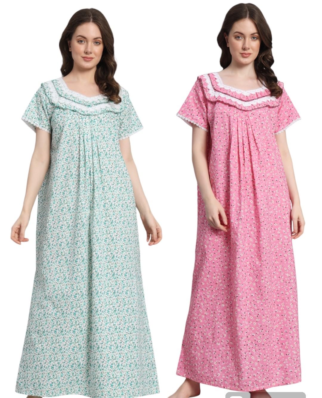 SephaniWomen's 100% Cotton Printed Maxi Nightgown Long Nighty Sleepwear for Ladies Green and Pink Color 2 Pcs