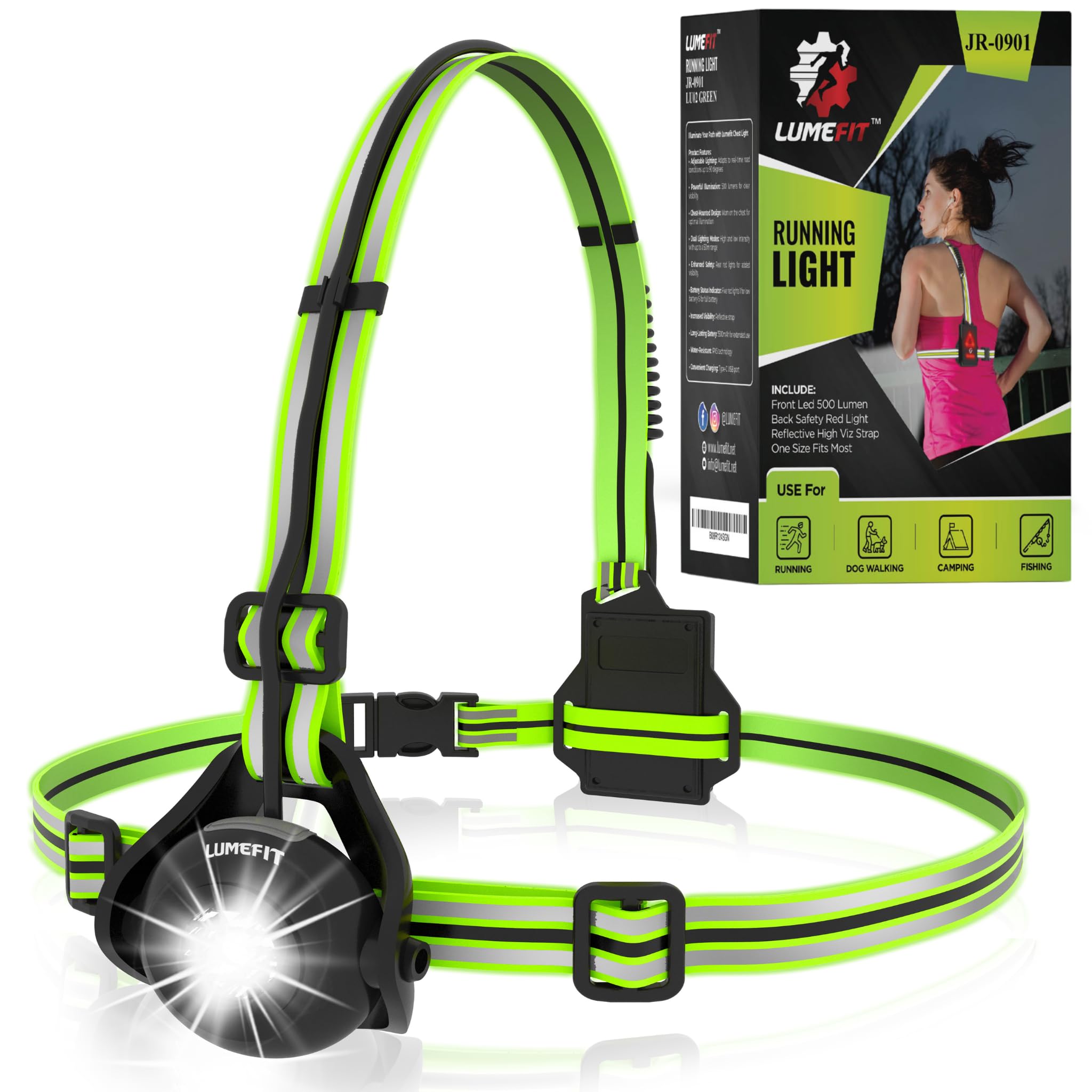 LUMEFIT Run Light Running Lights for Runners Chest LED Lamp 90° Adjustable Beam Angle 500 Lumen 360 Degree Reflective Band USB Rechargeable Front Body Torch Jogging Hiking