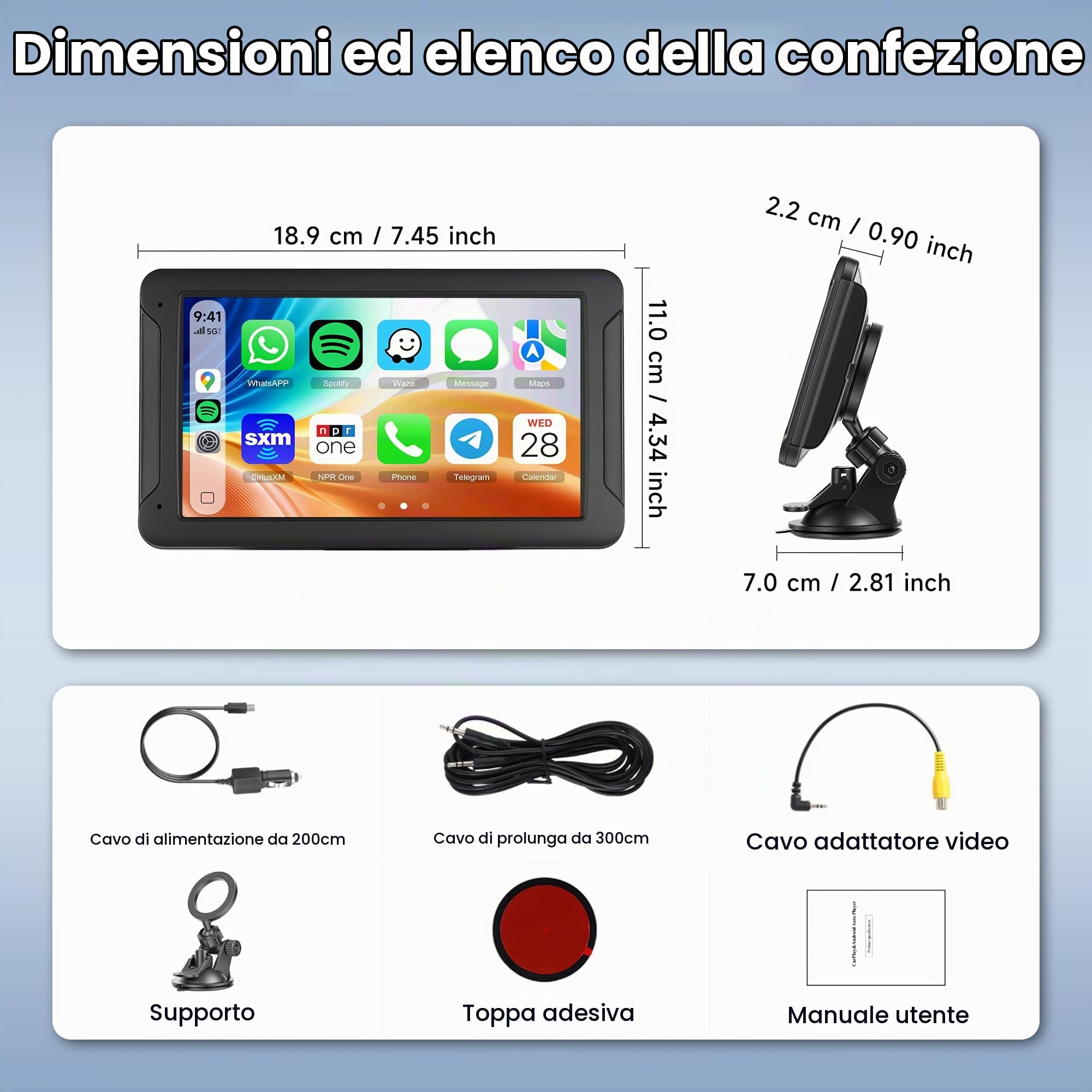 Rimoody Autoradio Portatile 7 Pollici con CarPlay e Android Auto Wireless - Display Touchscreen IPS HD, AirPlay/Android Cast, Trasmettitore FM, Bluetooth per Auto