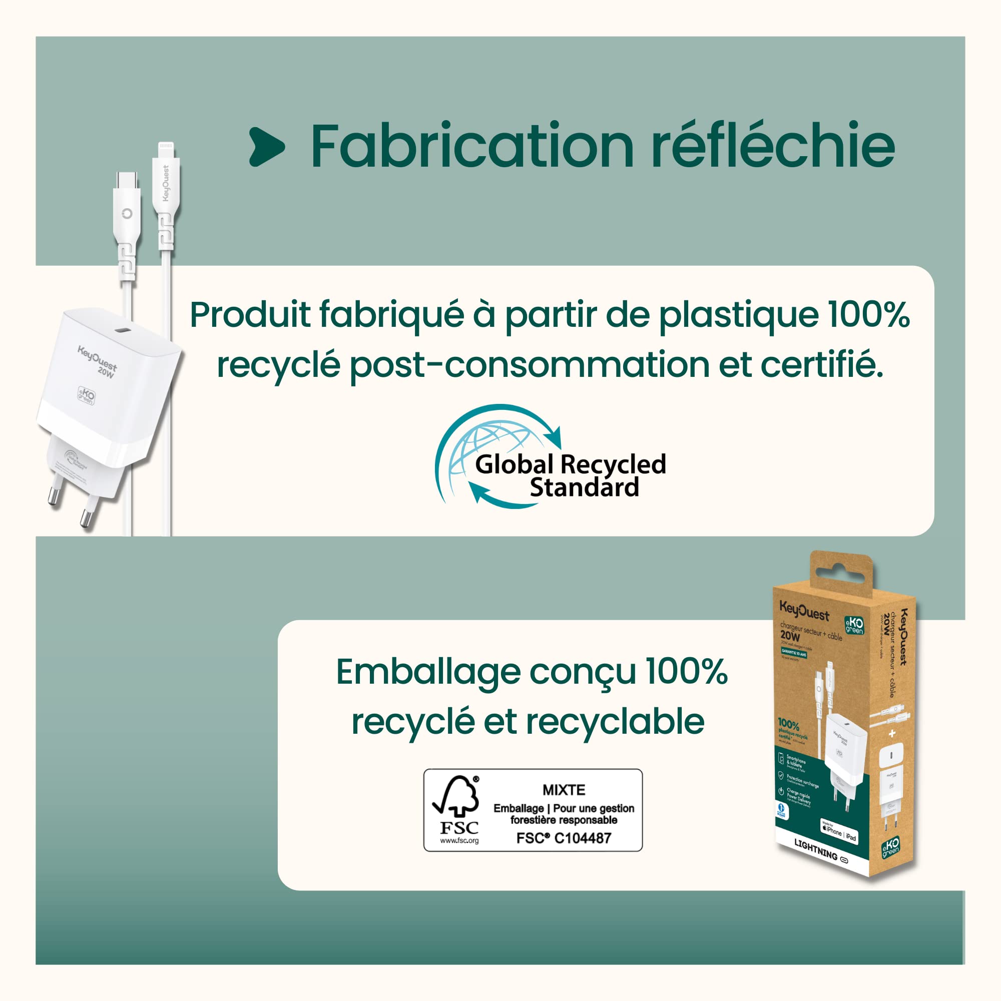 KeyOuest - Kit Chargeur Secteur 20W + Câble USB-C vers Lightning eKOgreen - Câble MFI d’1,20m - Recharge de 0 à 50% en 30 Minutes - 100% Plastique Recyclé Post-Consommation, Certifié - Blanc