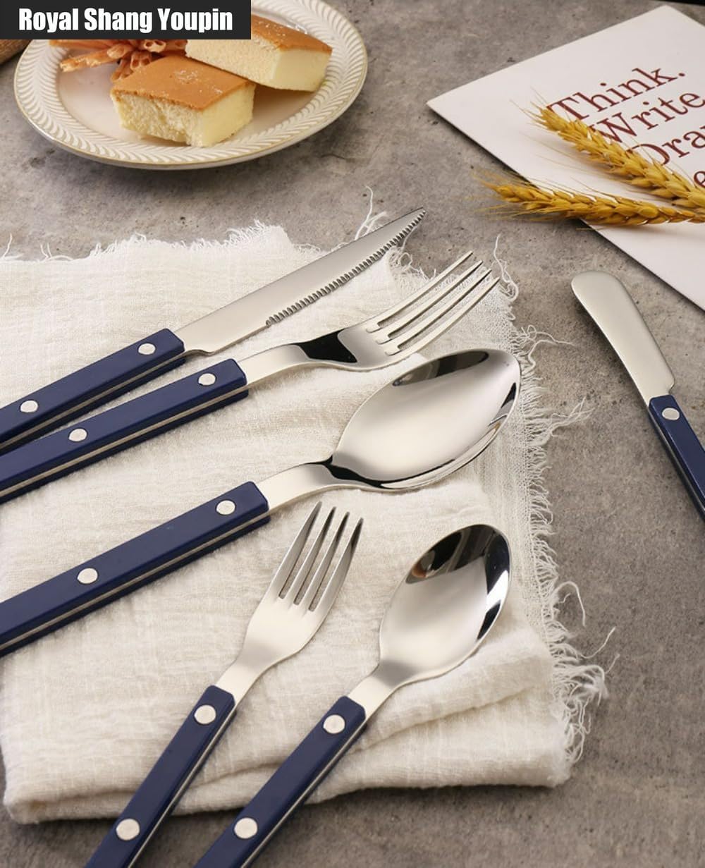 ABS Rivet Handle Marble Pattern Kitchen Stainless Steel Silverware Tableware Flatware Cutlery Knives Forks Spoons Set Butter Knife Dessert Spoon Fork (Green,24 pieces)